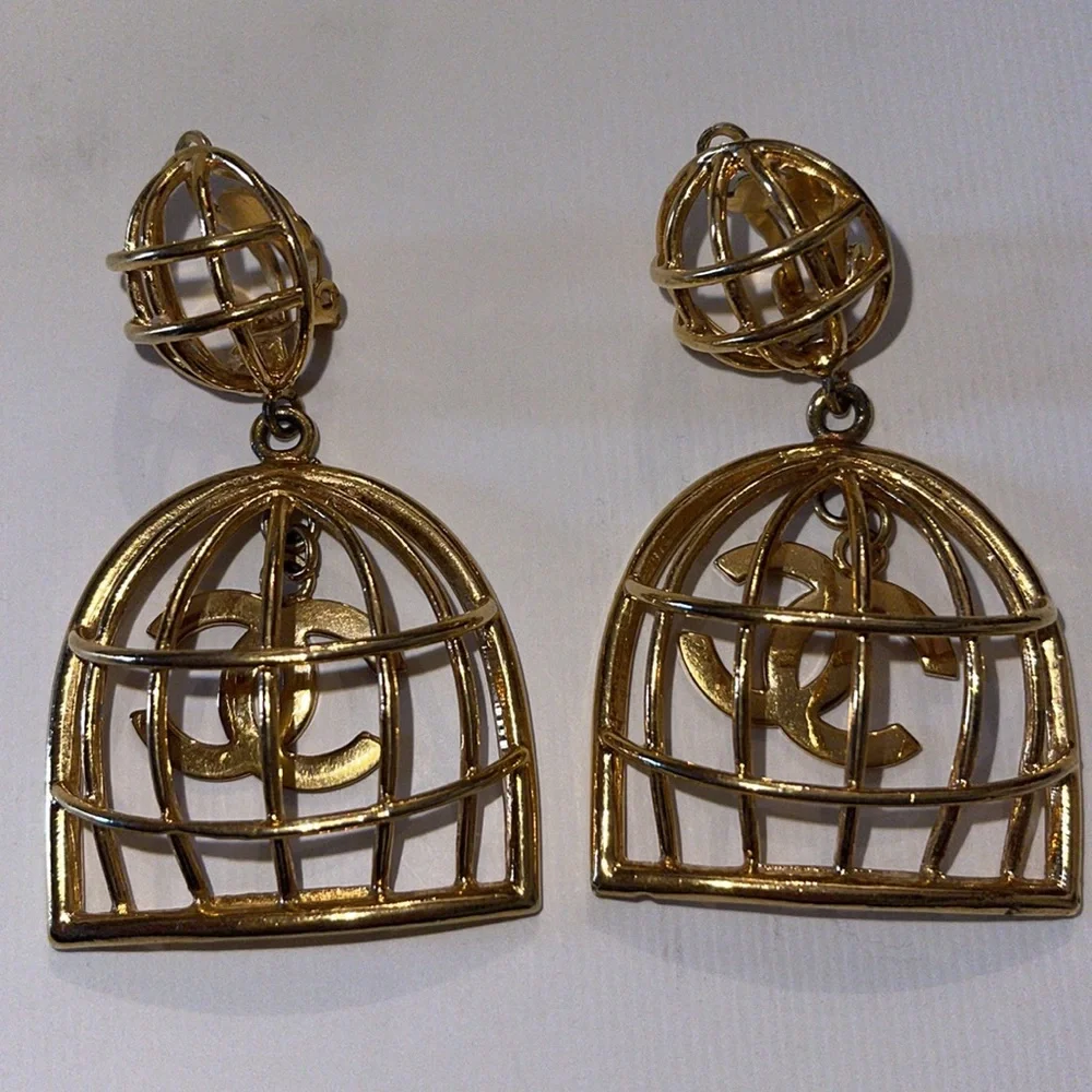 Chanel Large Birdcage 1990’s Gold Earrings with Box CC Vintage Iconic